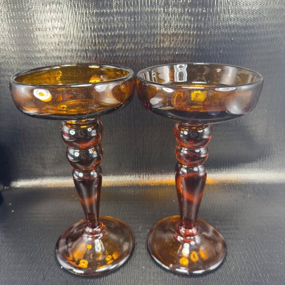 Vintage Mid Century Amber Glass Candle Holders Votive Pillar Heavy Glass Set 2 - Picture 10 of 14